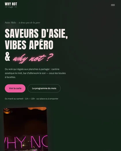 Page d'accueil d'un bar-cantine : titre « Saveurs d'Asie, vibes apéro » sur fond sombre, horaires et boutons vers la carte.