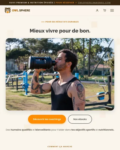 Page d'accueil d'un site de coaching sportif : photo d'un sportif en extérieur, accroche « Mieux vivre pour de bon » et boutons vers les coachings.