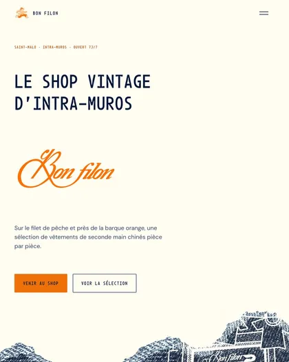 Page d'accueil d'une friperie : titre « Le shop vintage d'Intra-Muros », logo manuscrit orange et boutons vers la sélection.